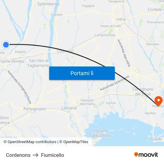 Cordenons to Fiumicello map