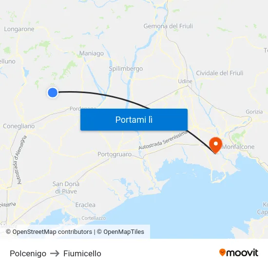 Polcenigo to Fiumicello map
