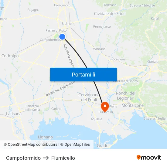 Campoformido to Fiumicello map