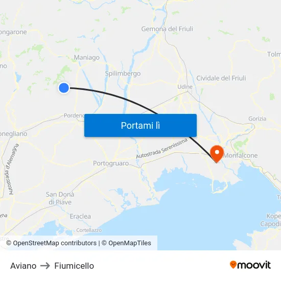 Aviano to Fiumicello map