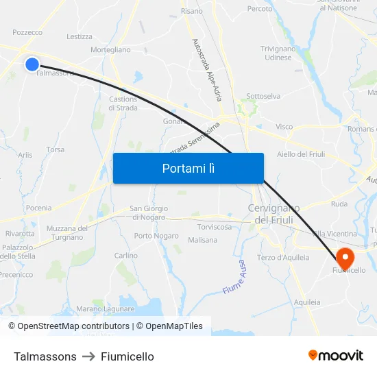 Talmassons to Fiumicello map