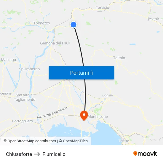 Chiusaforte to Fiumicello map