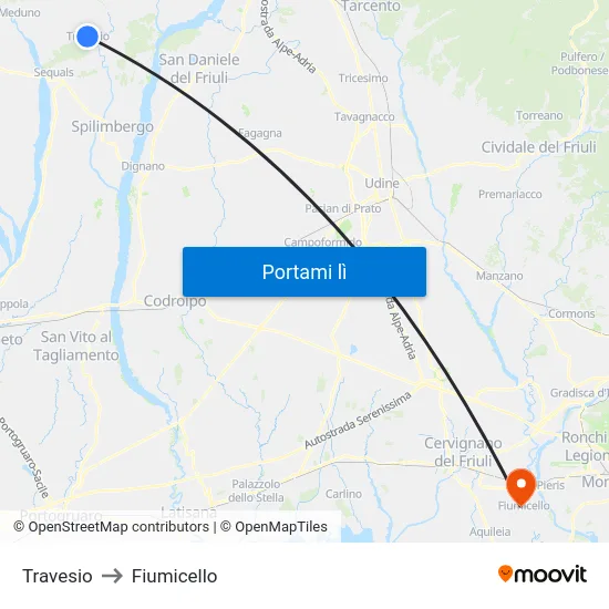 Travesio to Fiumicello map