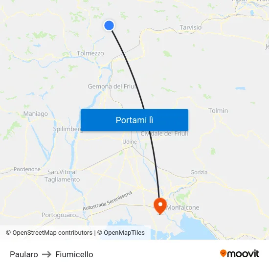 Paularo to Fiumicello map