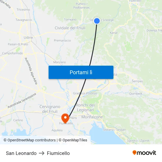 San Leonardo to Fiumicello map
