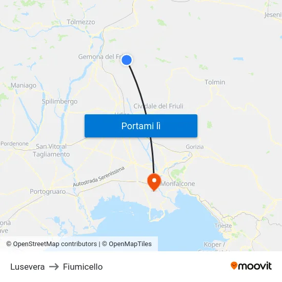 Lusevera to Fiumicello map