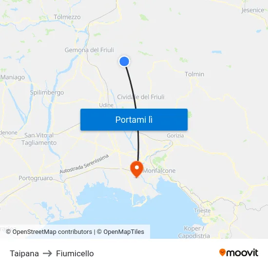 Taipana to Fiumicello map