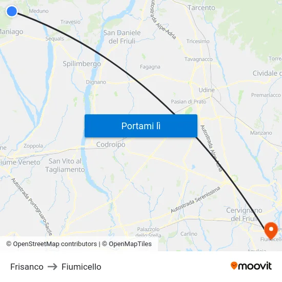 Frisanco to Fiumicello map