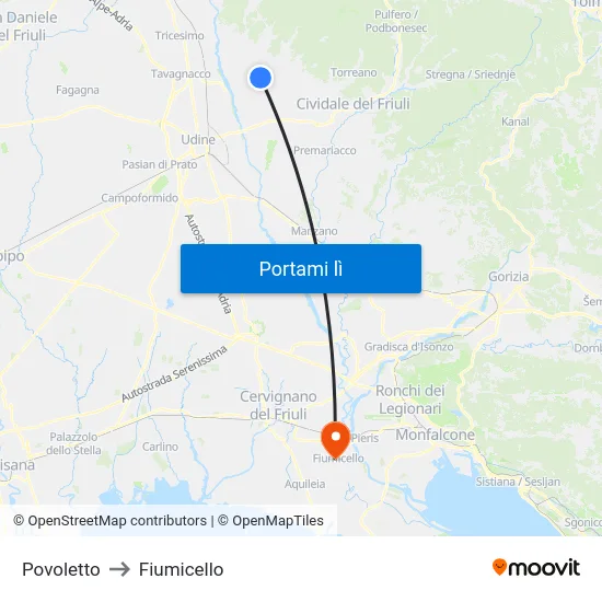 Povoletto to Fiumicello map
