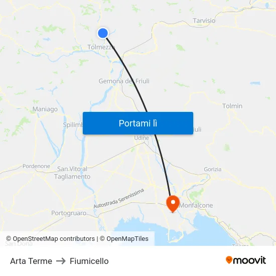 Arta Terme to Fiumicello map