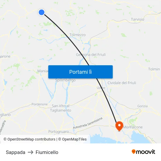 Sappada to Fiumicello map