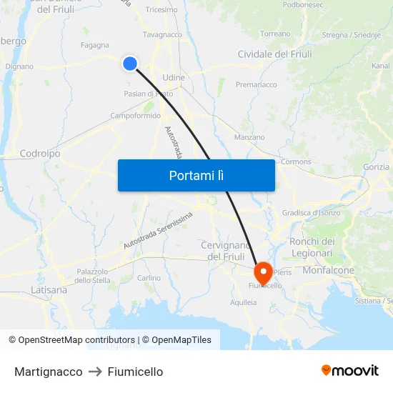 Martignacco to Fiumicello map