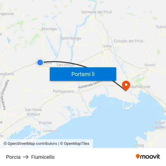 Porcia to Fiumicello map