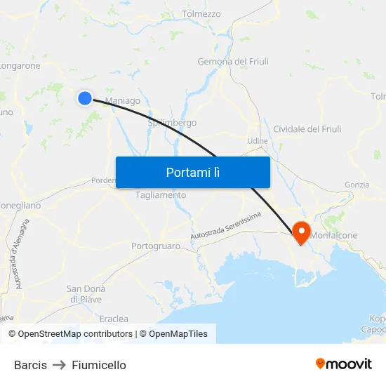 Barcis to Fiumicello map