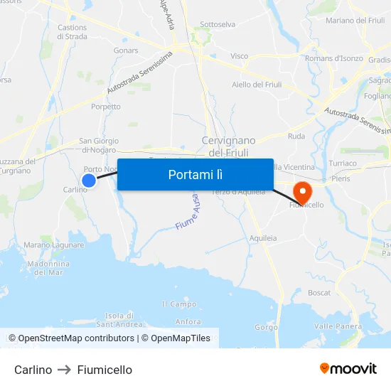 Carlino to Fiumicello map