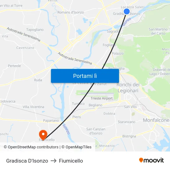 Gradisca D'Isonzo to Fiumicello map