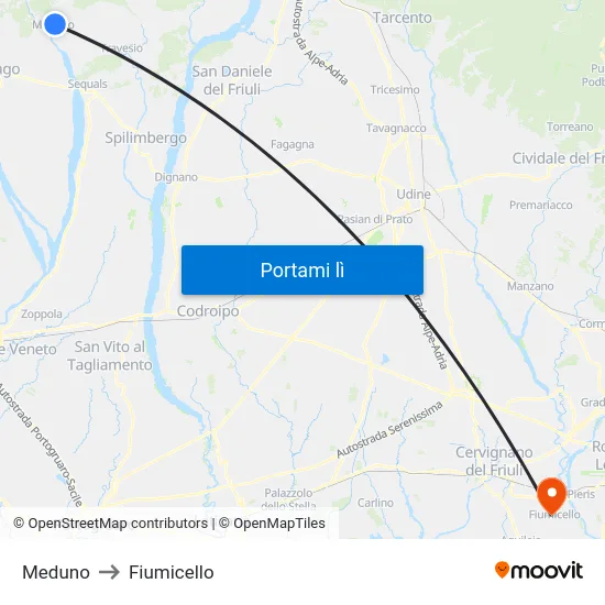 Meduno to Fiumicello map