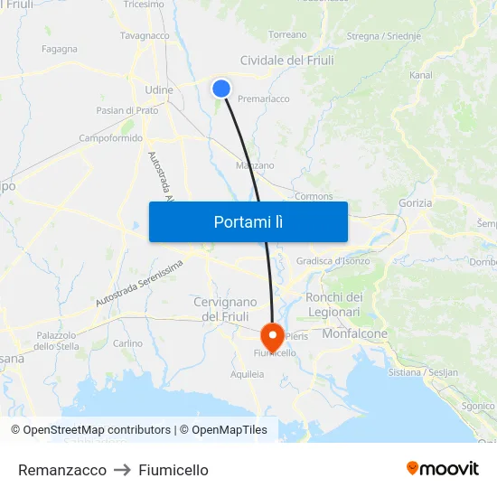Remanzacco to Fiumicello map