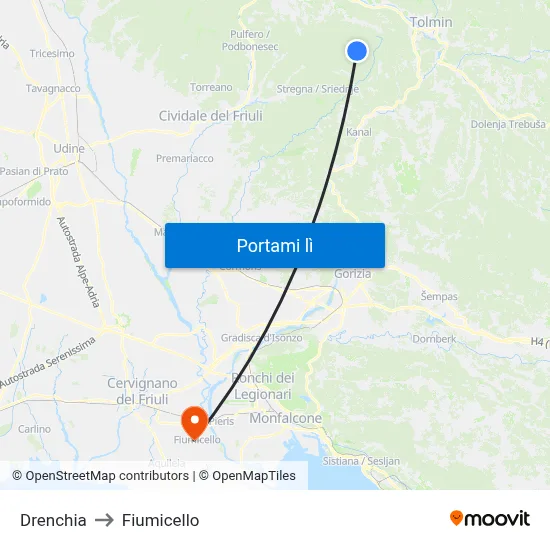 Drenchia to Fiumicello map