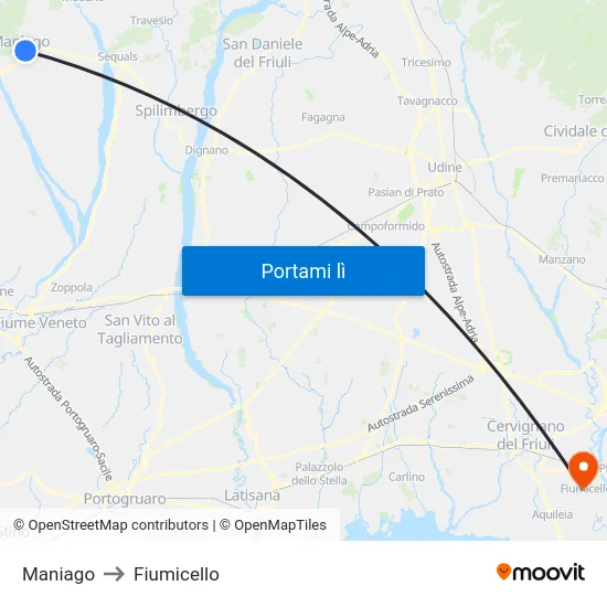 Maniago to Fiumicello map