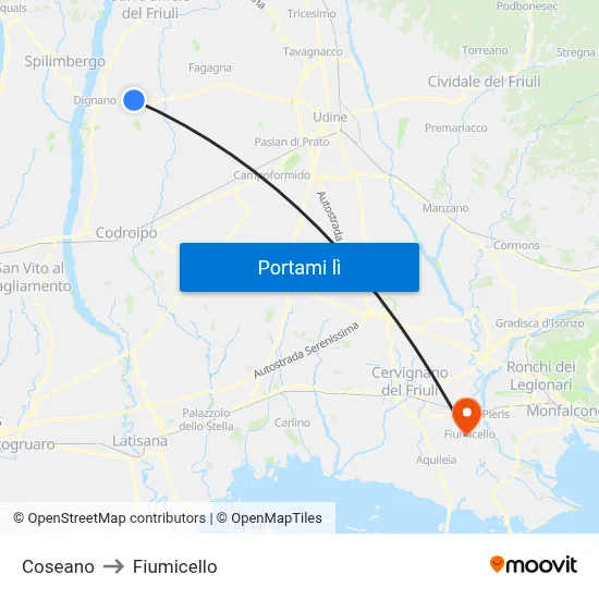 Coseano to Fiumicello map