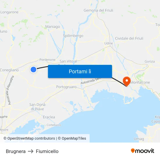 Brugnera to Fiumicello map