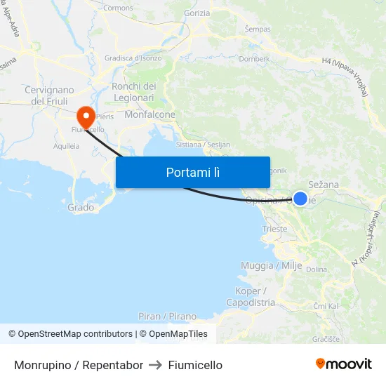 Monrupino / Repentabor to Fiumicello map