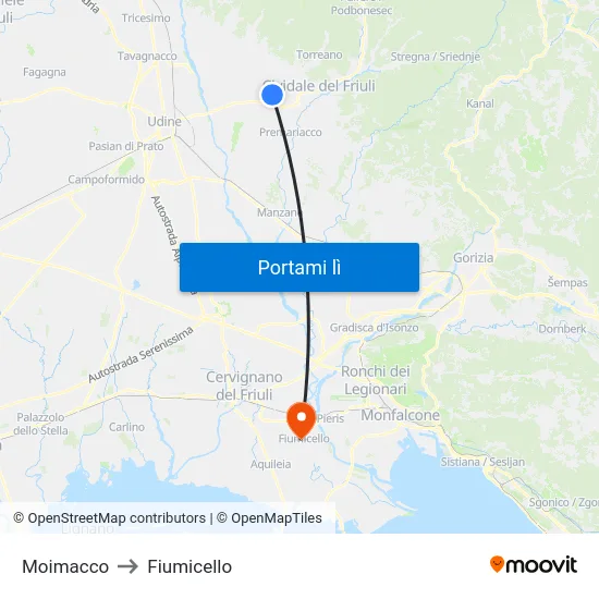 Moimacco to Fiumicello map