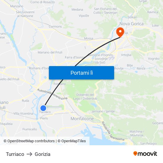 Turriaco to Gorizia map