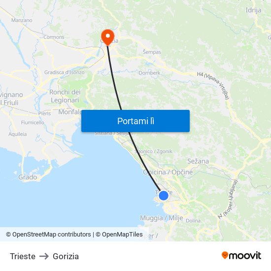 Trieste to Gorizia map