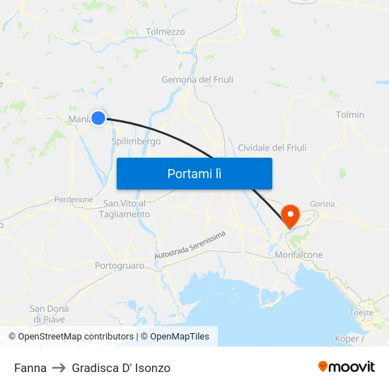 Fanna to Gradisca D' Isonzo map