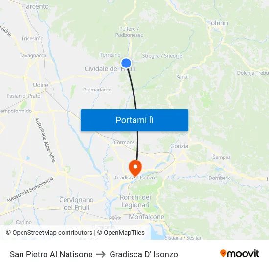 San Pietro Al Natisone to Gradisca D' Isonzo map