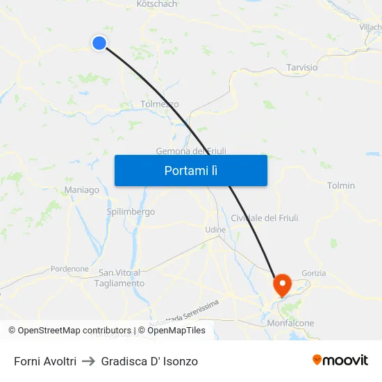 Forni Avoltri to Gradisca D' Isonzo map