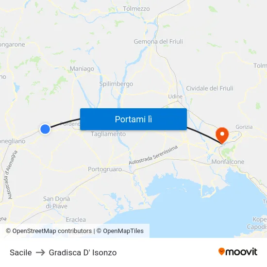 Sacile to Gradisca D' Isonzo map