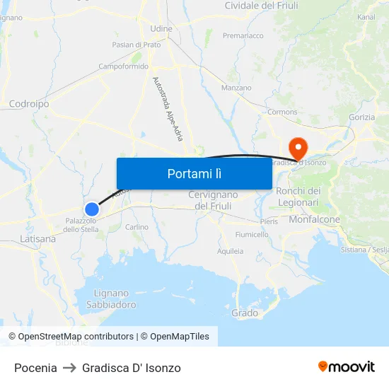Pocenia to Gradisca D' Isonzo map