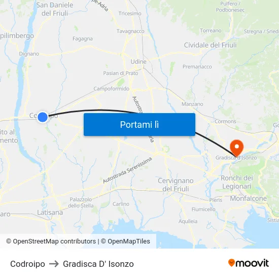 Codroipo to Gradisca D' Isonzo map