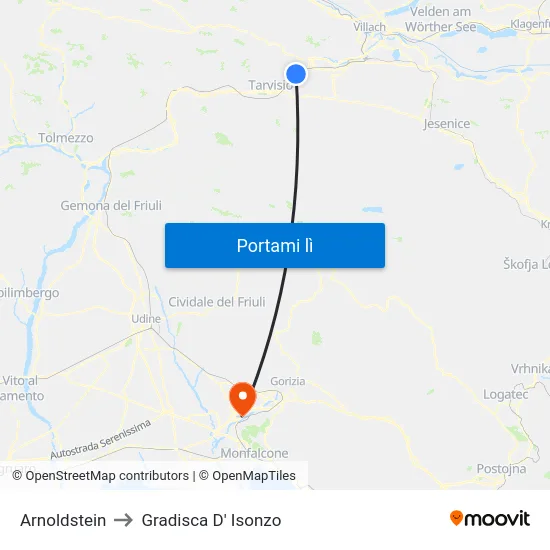 Arnoldstein to Gradisca D' Isonzo map