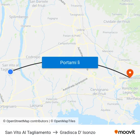 San Vito Al Tagliamento to Gradisca D' Isonzo map