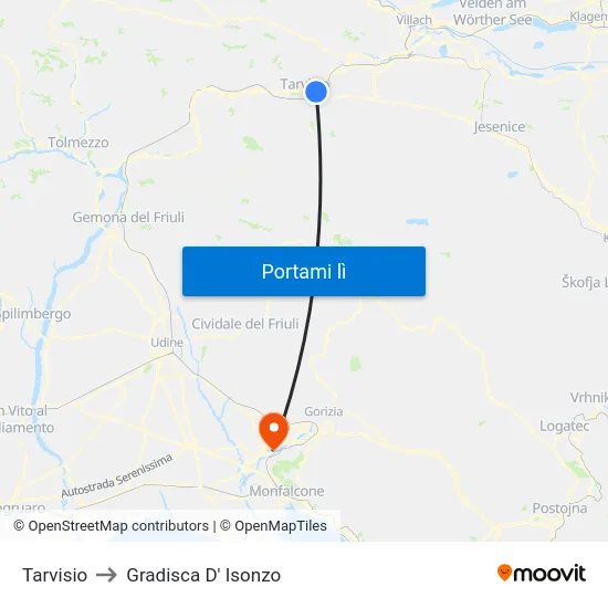 Tarvisio to Gradisca D' Isonzo map