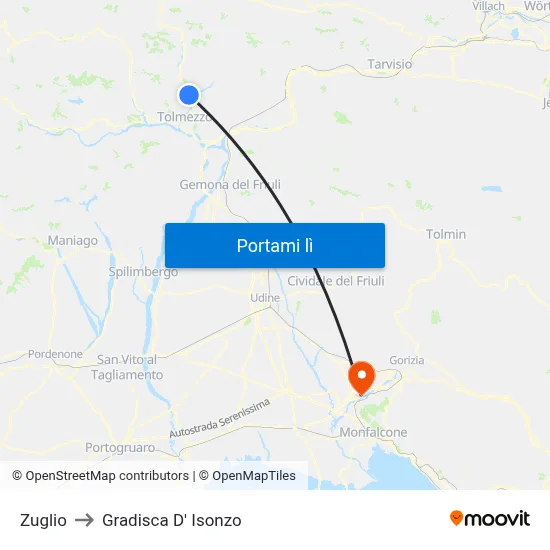 Zuglio to Gradisca D' Isonzo map