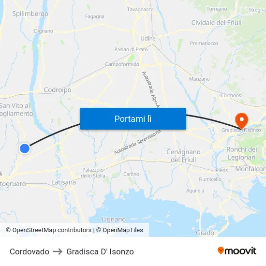 Cordovado to Gradisca D' Isonzo map