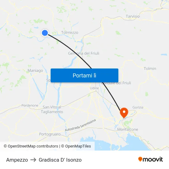 Ampezzo to Gradisca D' Isonzo map