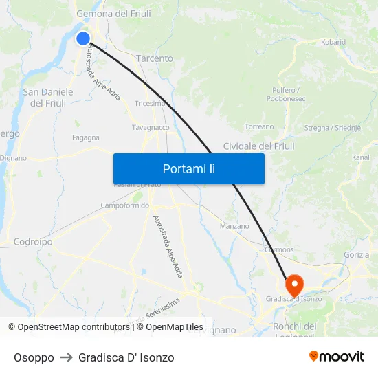 Osoppo to Gradisca D' Isonzo map