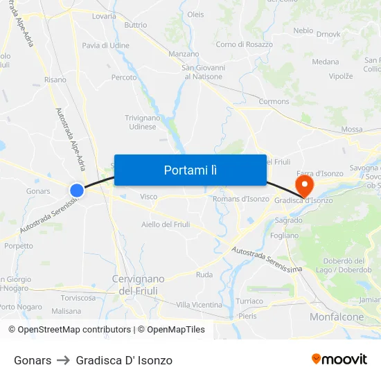 Gonars to Gradisca D' Isonzo map