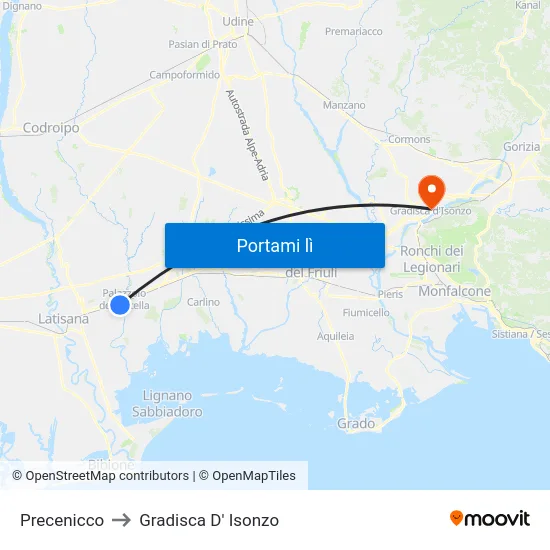 Precenicco to Gradisca D' Isonzo map
