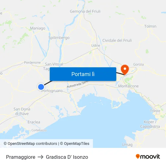 Pramaggiore to Gradisca D' Isonzo map
