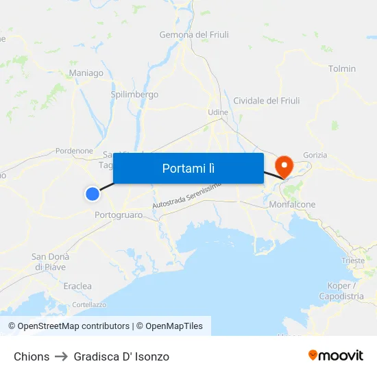 Chions to Gradisca D' Isonzo map