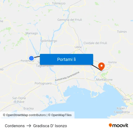Cordenons to Gradisca D' Isonzo map