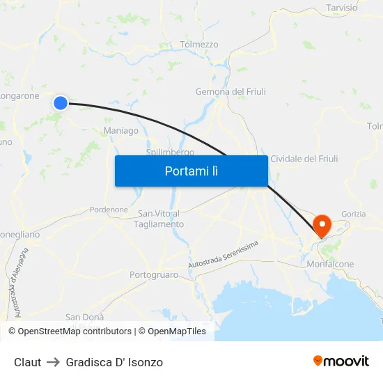 Claut to Gradisca D' Isonzo map