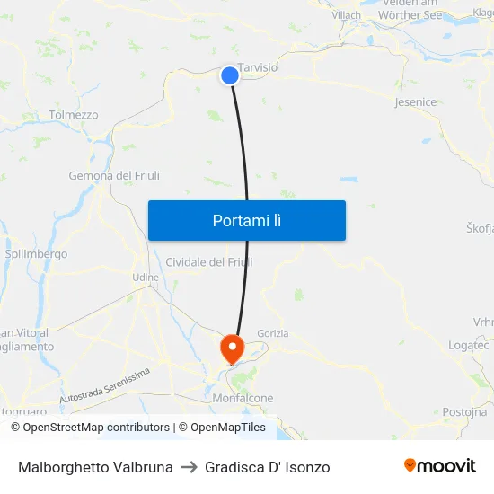 Malborghetto Valbruna to Gradisca D' Isonzo map